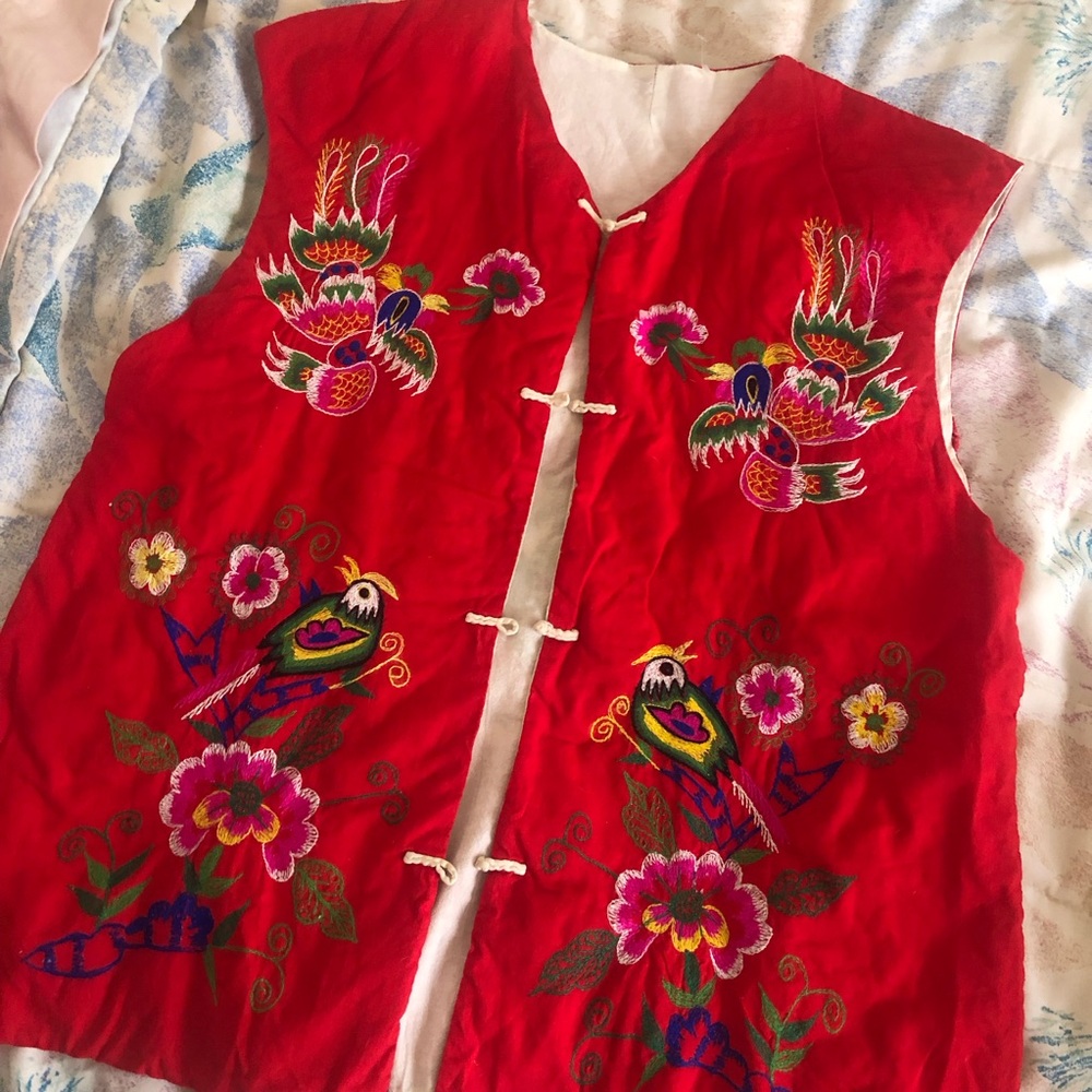 Vintage 1970’s Embroidered Red Vest with Floral and Bird Design